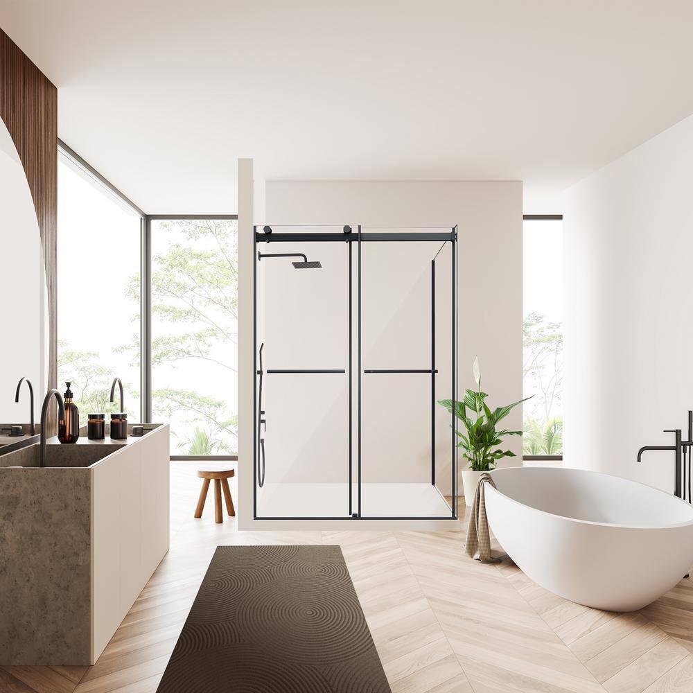 Belizzi 52" W x 76" H Frameless Matte Black Shower Enclosure with Clear Glass