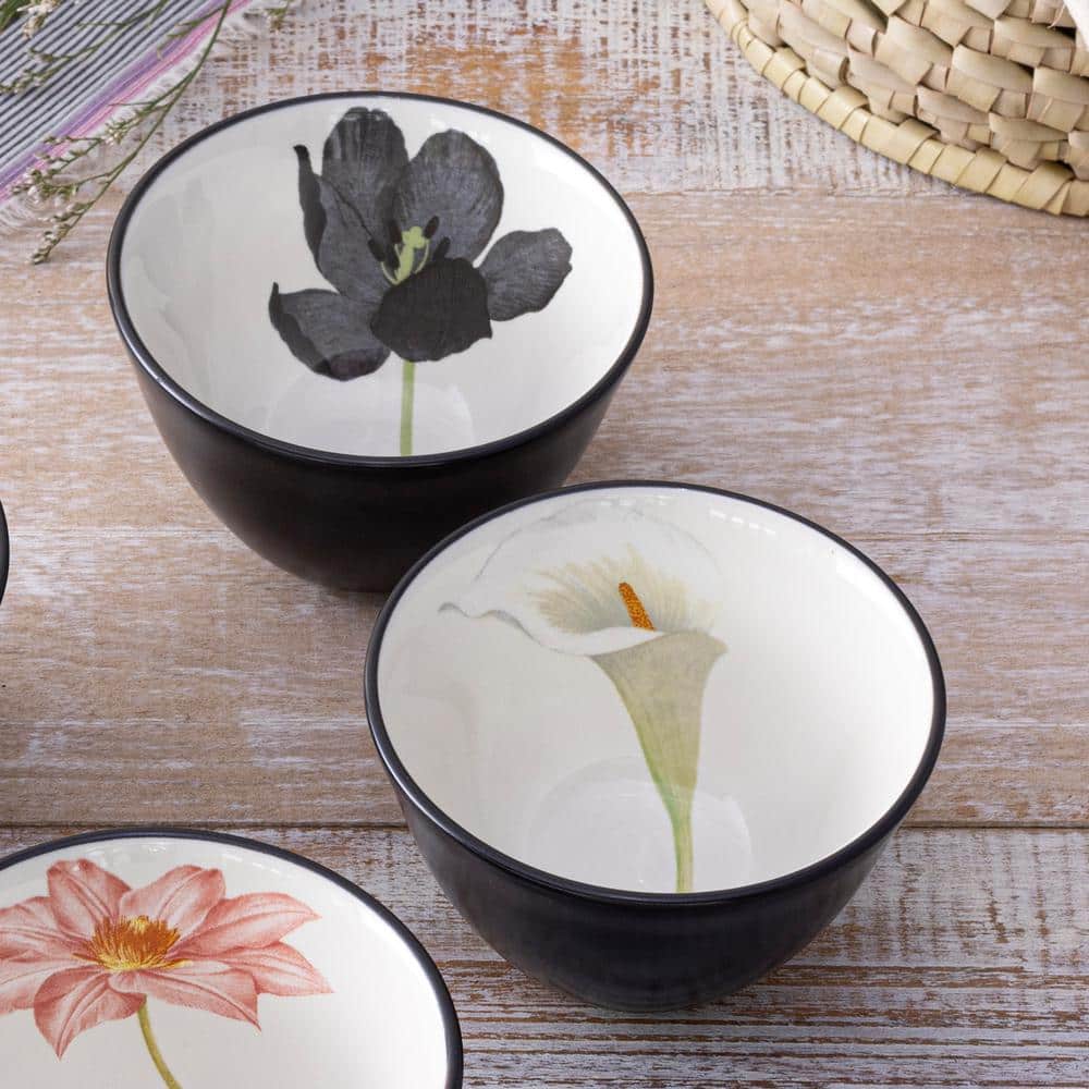 Graphite and Cream Floral Matte Stoneware Mini Bowls Set of Four
