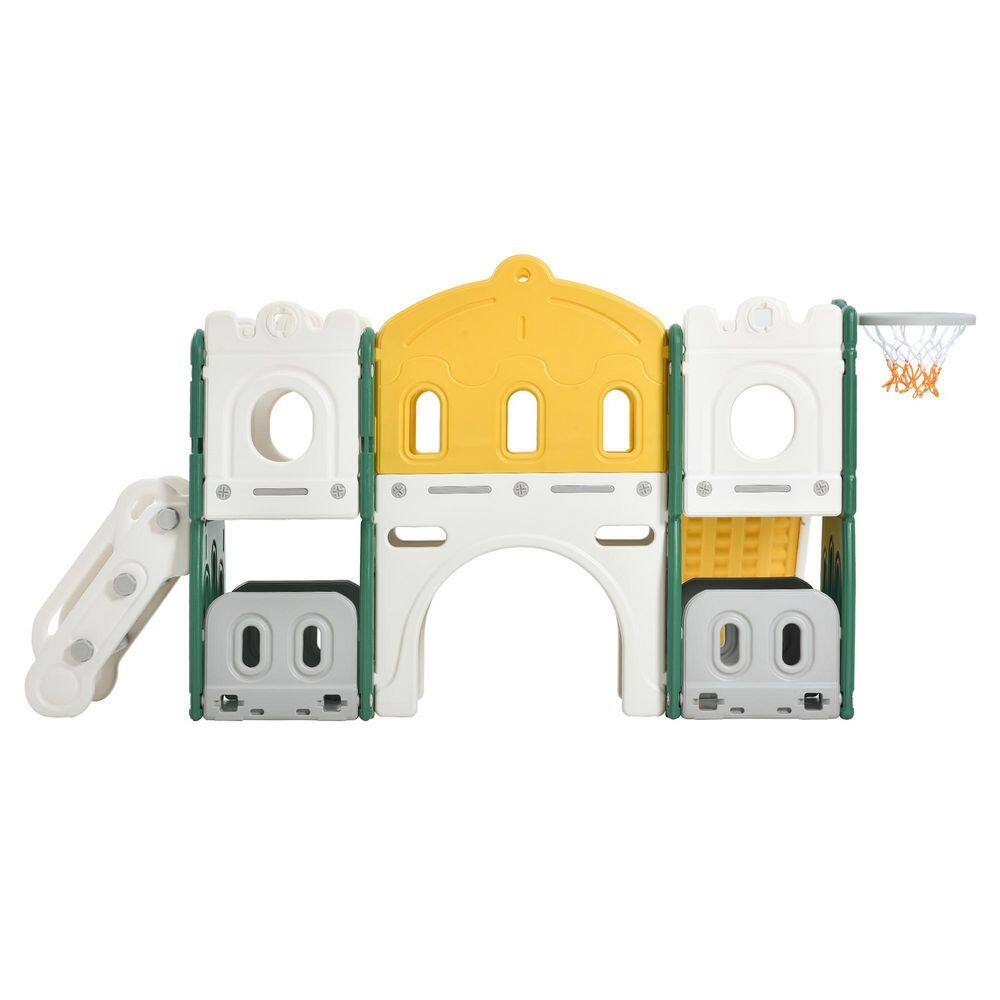 Green Indoor/Outdoor Kids Climbers Playhouse with Slide and Basketball