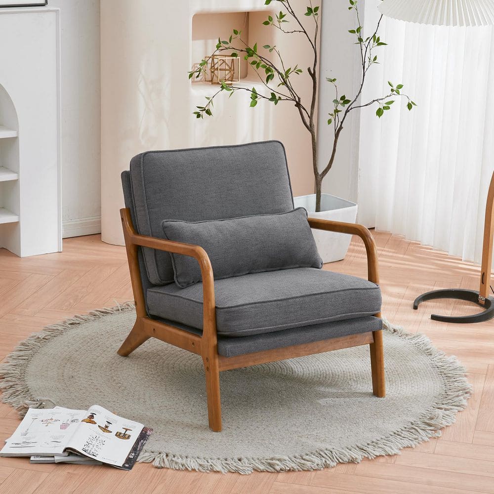 Dark Grey Linen Upholstered Wood Frame Accent Chair