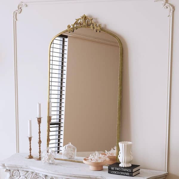 Vintage Antique Bronze+Gold 24 in. W x 43.3 in. H Decorative Baroque Arched Metal Framed Wall Mirror