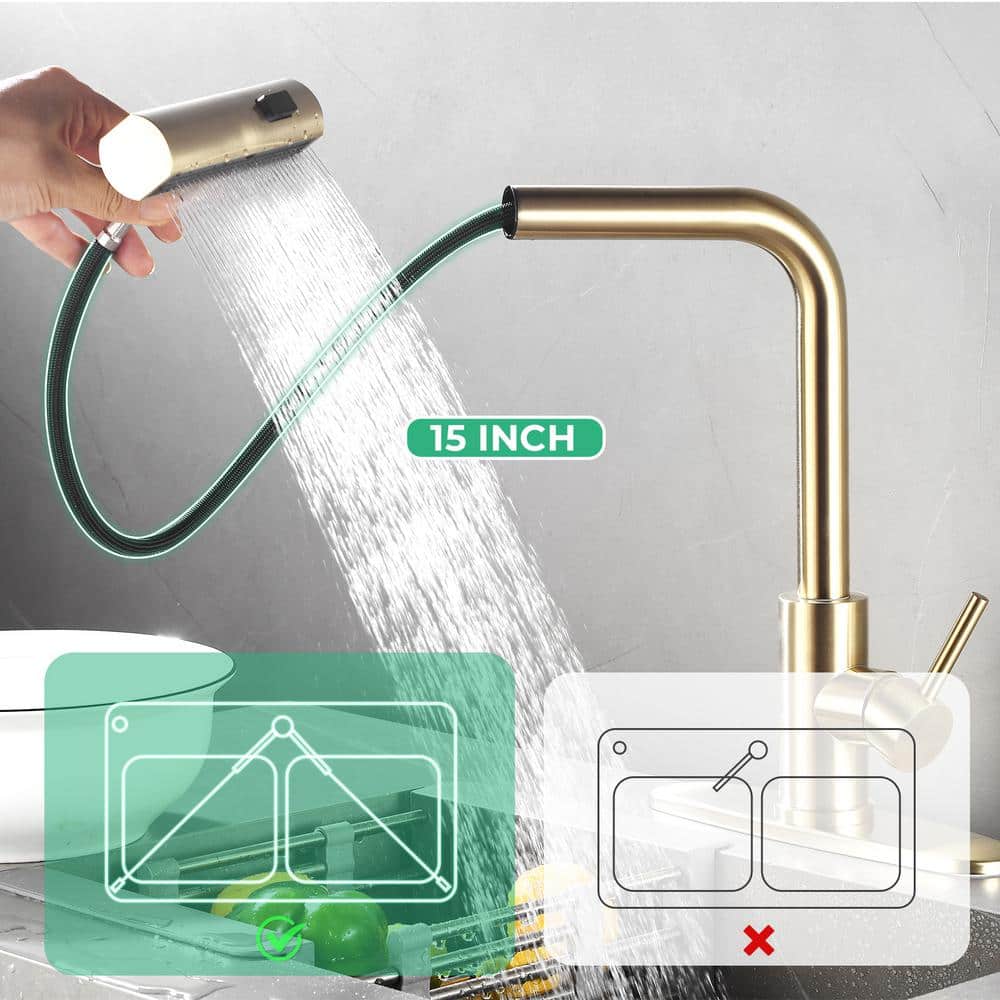 Brushed Gold Stainless Steel High-Arc Kitchen Faucet with Pull-Out Spray