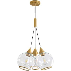 3-Light Gold Chandelier Height Adjustable with 3 Globe Clear Glass Shade for Dining Room with no Bulbs Included