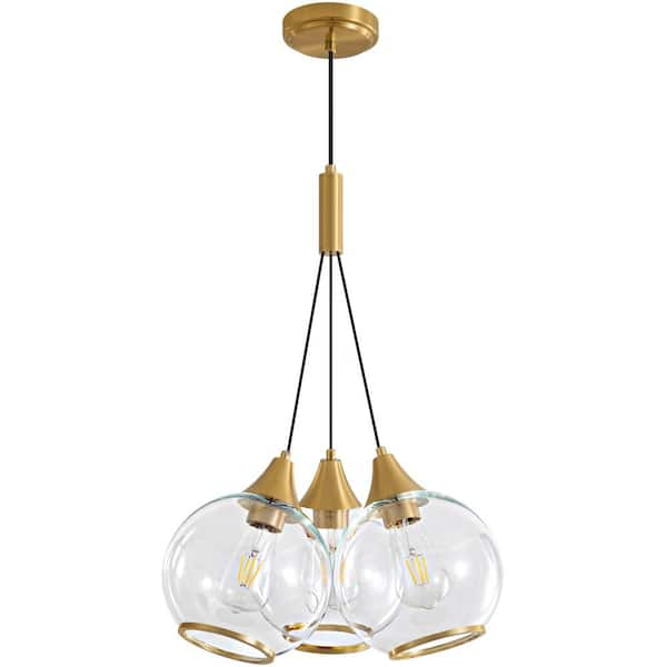 Deyidn 3-Light Gold Chandelier Height Adjustable with 3 Globe Clear Glass Shade for Dining Room with no Bulbs Included