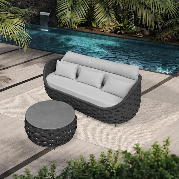 Bird's Nest Shaped Black Aluminum Frame Outdoor Couch 3-Seat Sofa Daybed with Gray Cushion and Coffee Table