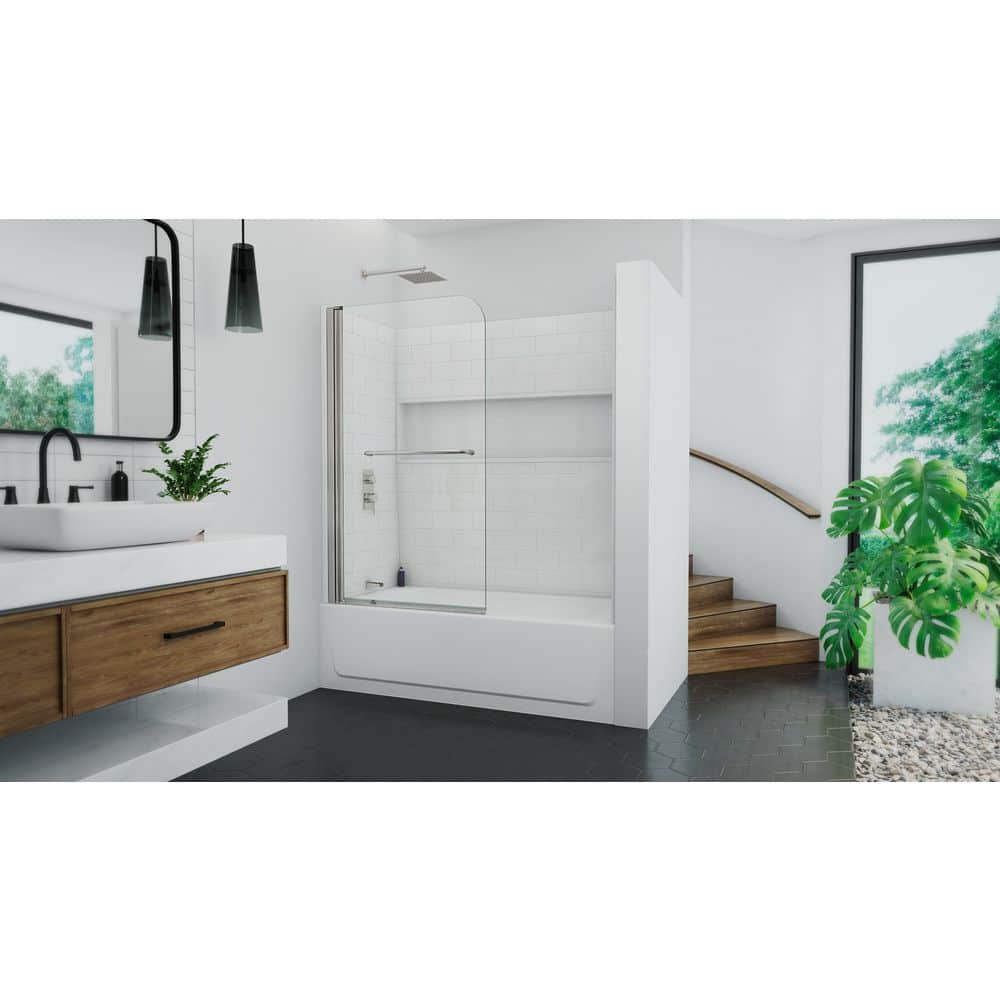 Maui 34 in. W x 58 in. H Frameless Pivot Tub Door in Brushed Nickel with Cl