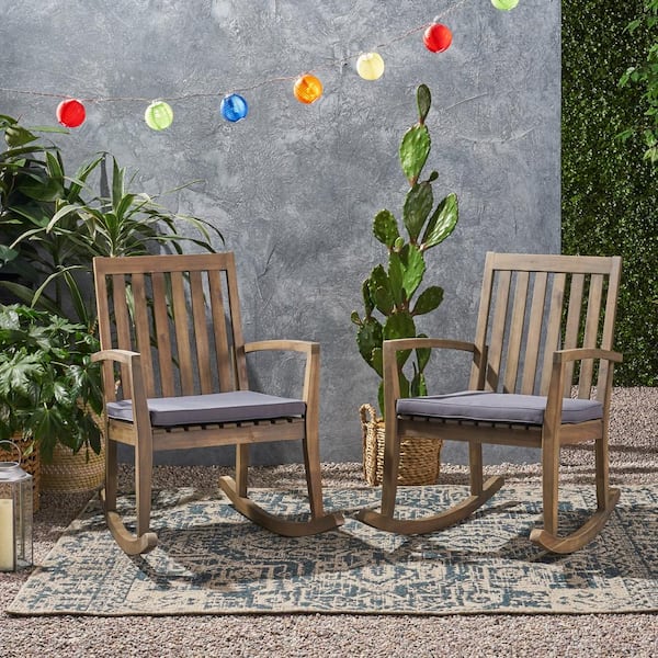 Noble House Montrose Grey Acacia Wood Outdoor Patio Rocking Chair with Dark Gray Cushions (2-Pack)