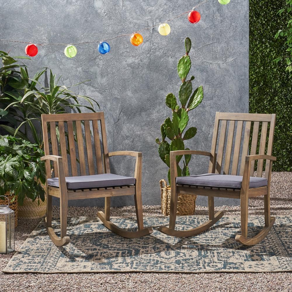 Light Gray and Dark Gray Great Deal Furniture Beulah Outdoor Acacia Wood Rocking Chair 