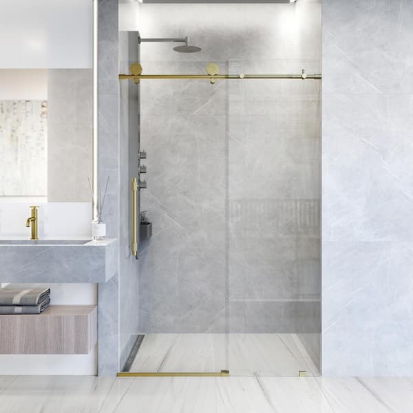 VIGO Elan Hart 68 to 72 in. W x 76 in. H Sliding Frameless Shower Door in Matte Brushed Gold with 3/8 in. (10mm) Clear Glass