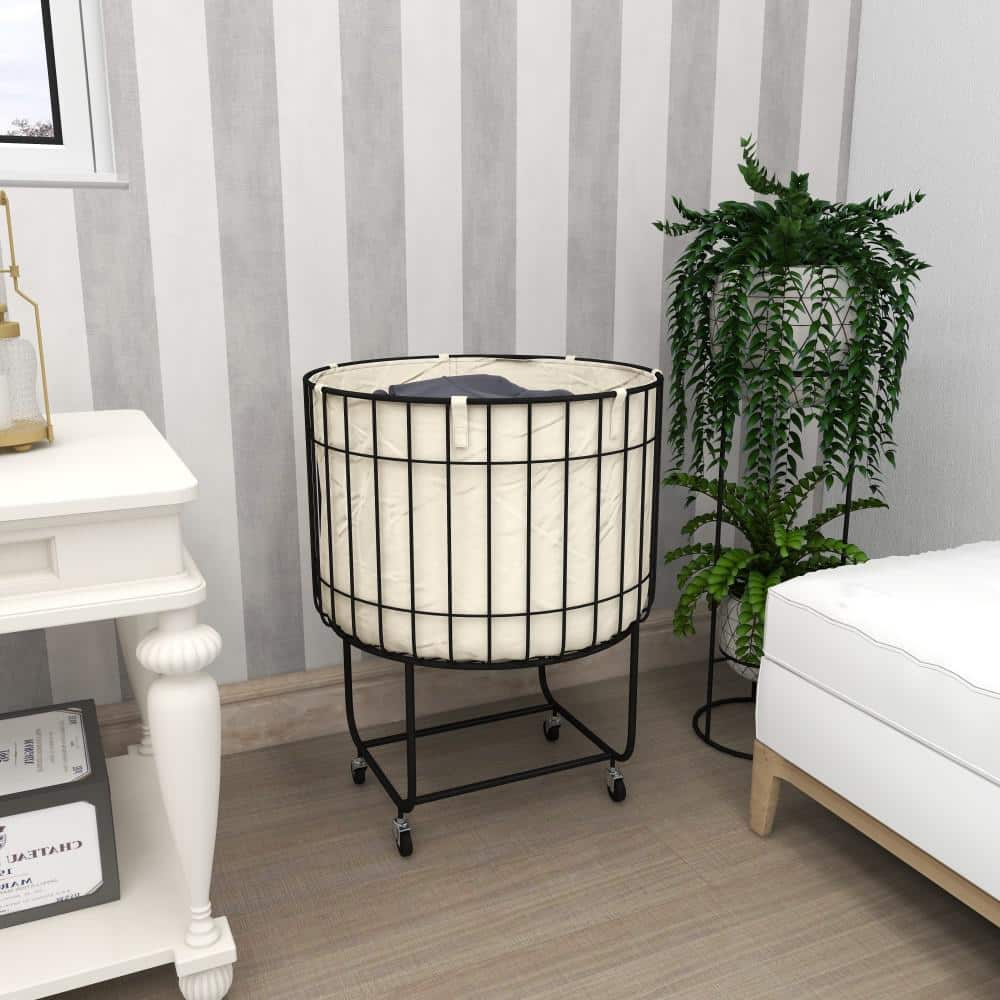 Black Metal Wire Basket Storage Cart with Wheels and Removable Fabric