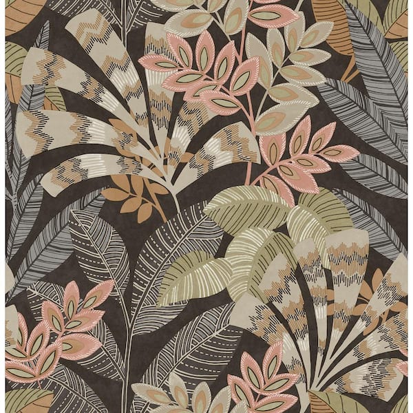 InHome Yara Charcoal Grey Leaves Peel and Stick Sample, 8 in. x 10 in. Wallpaper Sample