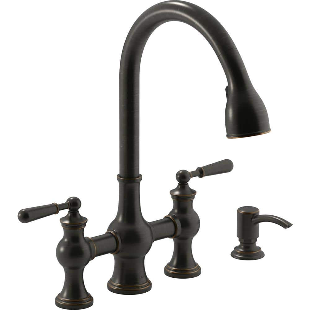 KOHLER Capilano 2-Handle Bridge Farmhouse Pull-Down Kitchen Faucet with Soap Dispenser and Sweep Spray in Oil-Rubbed Bronze -  R21070-SD-2BZ