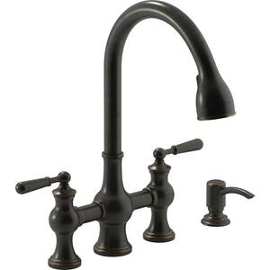 Capilano 2-Handle Bridge Farmhouse Pull-Down Kitchen Faucet with Soap Dispenser and Sweep Spray in Oil-Rubbed Bronze