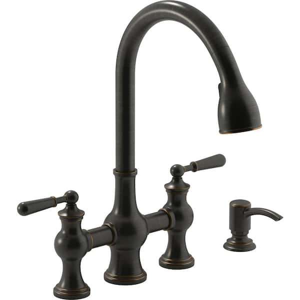 Kohler Capilano 2 Handle Bridge Farmhouse Pull Down Kitchen Faucet With Soap Dispenser And Sweep Spray In Oil Rubbed Bronze K R21070 Sd 2bz The Home Depot