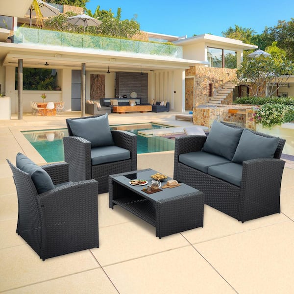 Unbranded Black 4 -Piece Wicker Outdoor Patio Furniture Sectional Set with Drak Gray Cushions
