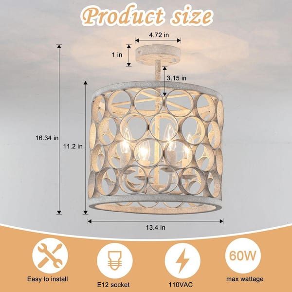 PAKOKULA Farmhouse 13.4 in. 4-Light Distressed White Cage Semi