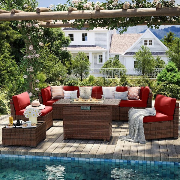 8-Piece Brown Rattan Wicker Outdoor Patio Set with Red Cushions, Fire Pit Table, and Furniture Cover