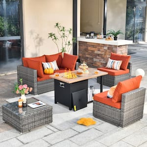 Sanibel Gray 6-Piece Wicker Outdoor Patio Conversation Sofa Set with a Storage Fire Pit and Orange Red Cushions