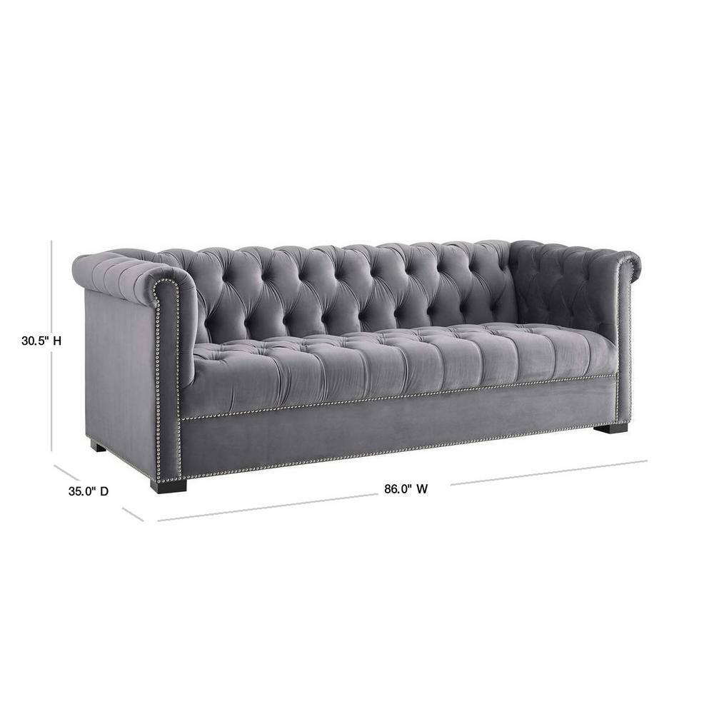 Elegant Black Velvet Chesterfield Sofa with Nailhead Trim and Rolled Arms