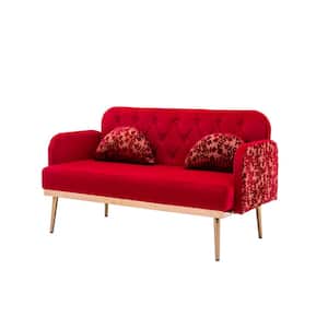 55 in. Square Arm Velvet Straight Loveseat Sofa, Tufted Backrest Sofa Couch with Moon Shape Pillows and Metal Feet, Red