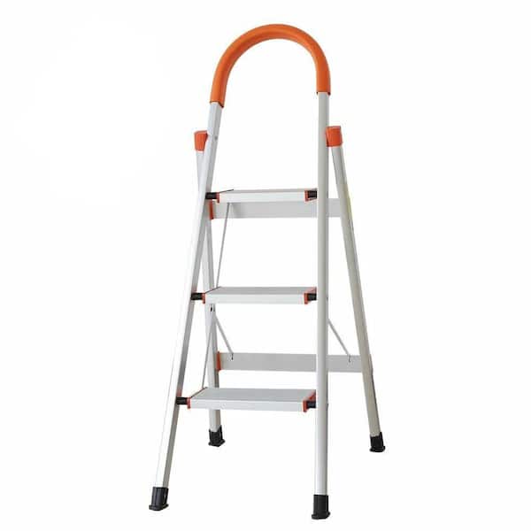 maocao hoom 3 Step Aluminum Ladder Reach 3.7 ft. Anti-Slip Stepladder with Rubber Hand Grip 330 lbs. Capacity Silver