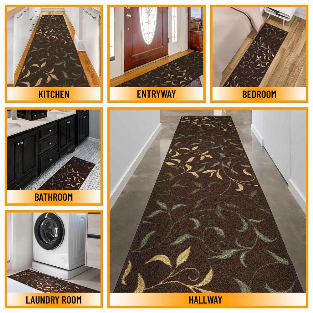 Brown Leaves Design Non-Slip Runner Rug, 2'7" x 9'10"
