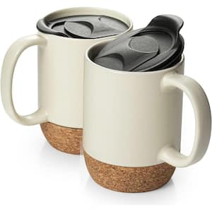 15 oz. Large Ceramic Coffee Mug with Cork Bottom and Spill Proof Lid, Set of 2, Beige