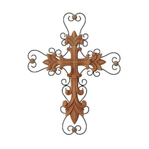 Wood Brown Carved Cross Cross Wall Decor with Metal Scrollwork