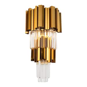 10.62 in. 2-Light Gold Modern Crystal Wall Sconce with Clear Glass Shade for Bedroom Living Room, No Bulbs Included