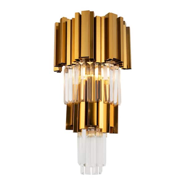 OUKANING 10.62 in. 2-Light Gold Modern Crystal Wall Sconce with Clear Glass Shade for Bedroom Living Room, No Bulbs Included