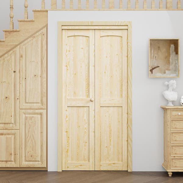36 in. x 80 in. Arch Panel 2-Lite Solid Core Unfinished Pine Wood Interior Closet Bi-Fold Door with Hardware