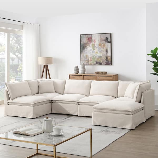 125.5 in. 6-Piece Modular Chenille L-Shaped with Movable Ottoman, Free Combination Sectional Sofa in Off White