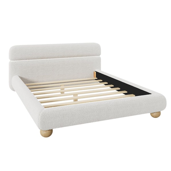 White Wood Frame Queen Size Teddy Fleece Boucle Fabric Upholstered Bed with Solid Round Legs