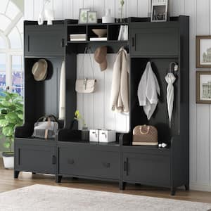 4-in-1 Multiple Functions Black Hall Tree with 7-Metal Black Hooks and Ample Storage Cabints