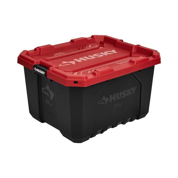 Husky 27 Gal. Pro Grip Storage Tote in Black with Red Lid