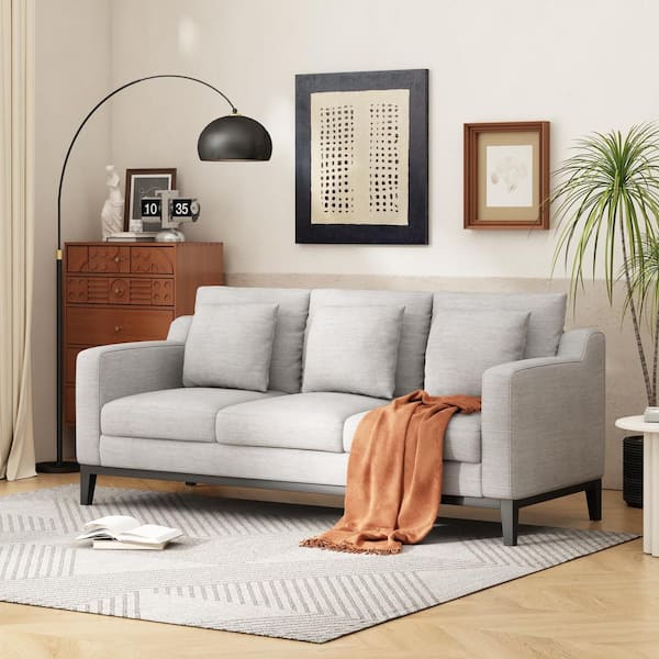 Noble House Ovando 80 in. Light Gray and Dark Walnut Polyester 3-Seats Sofa with Accent Pillows