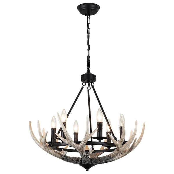 6-Light Black Rustic Antler Chandelier Farmhouse Wagon Wheel Pendant Light for Dining Room