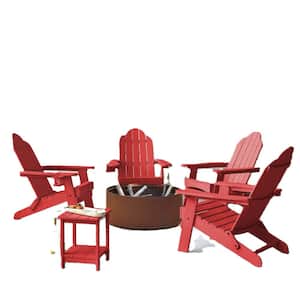 Red Folding Outdoor Plastic Adirondack Chair with Cup Holder Weather Resistant Patio Fire Pit Chair Set of 4