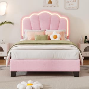 Pink Wood Frame Twin Size Upholstered Platform Bed with LED Light Strip Elegant Flowers Headboard