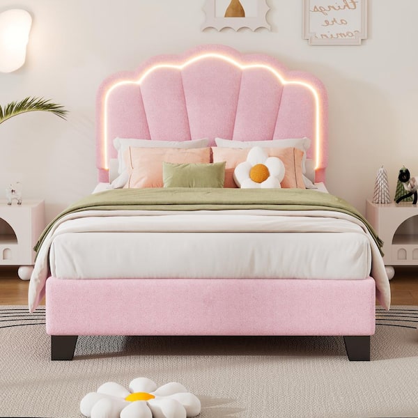 Polibi Pink Wood Frame Twin Size Upholstered Platform Bed with LED Light Strip Elegant Flowers Headboard
