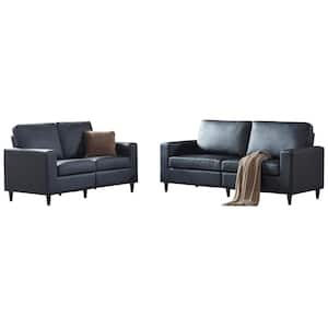 75.2 in. W Square Arms 2-Piece Leather Modern Straight Sectional Sofa 2-3-Seat in Black with Solid Wood