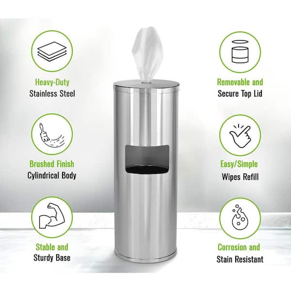 Standing Stainless Wipes Dispener, 12 x 12 x 36, Cylindrical, 5 gal, Stainless Steel