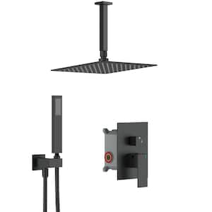 AIM 1-Spray 12 in. Square Ceiling Mount Rainfall Shower Head and Fashion Hand Shower in Matte Black (Valve Included)