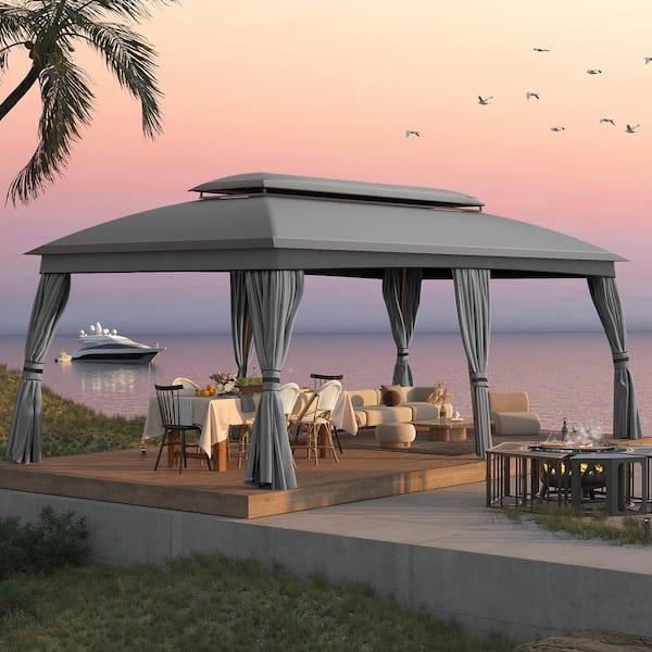 JOYSIDE 20 ft. x 10 ft. Gray Outdoor Patio Double Vented Roof Gazebo with Curtains and Mosquito Netting