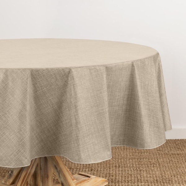 Threadmade Home Monterey Linen Texture Vinyl Indoor/Outdoor Tablecloth, Taupe - 60"W x 84"L Oval