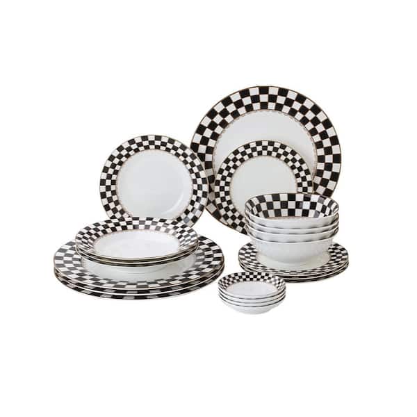 Checker Pattern 20-Piece Round Black and White Porcelain Dinnerware Set with Dark Gold Trim, Service for 4