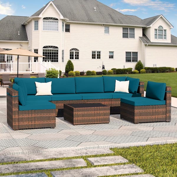 UPHA 7-Piece Wicker Patio Conversation Sectional Seating Set with Lake Blue Cushions