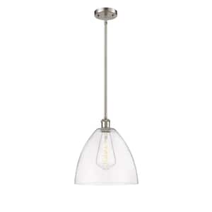 Bristol Glass 1-Light Brushed Satin Nickel Cage Pendant Light with Clear Glass Shade
