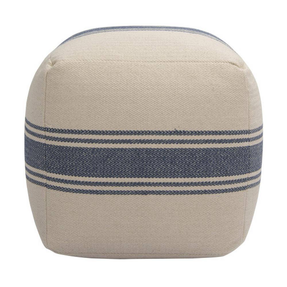 Coastal Charm Cream & Blue Stripe Square Metal Pouf