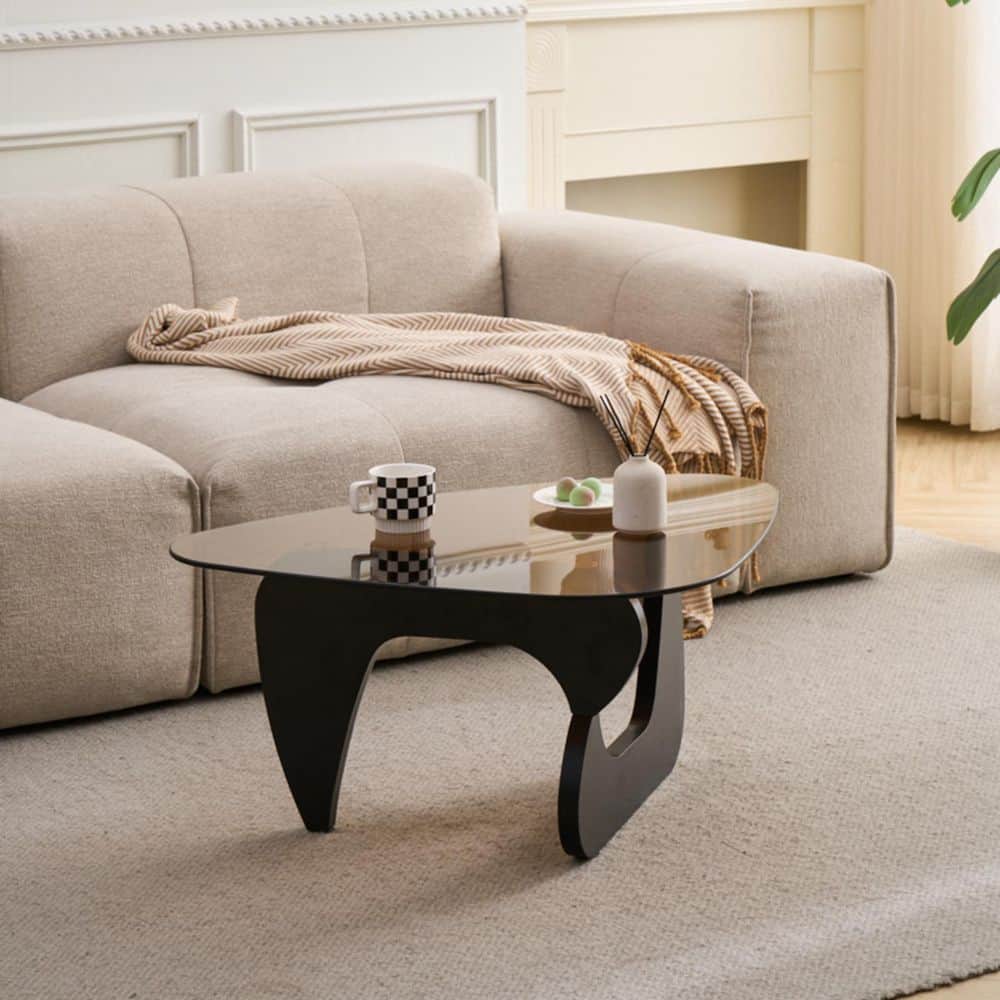 Malcolm Modern 35.82 in. Black+Brown Triangle Glass Farmhouse Coffee Table with Sturdy Wood Base